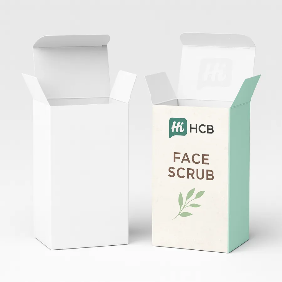 Two tall tuck-end boxes with open lids- one plain white and one with floral branding- class=